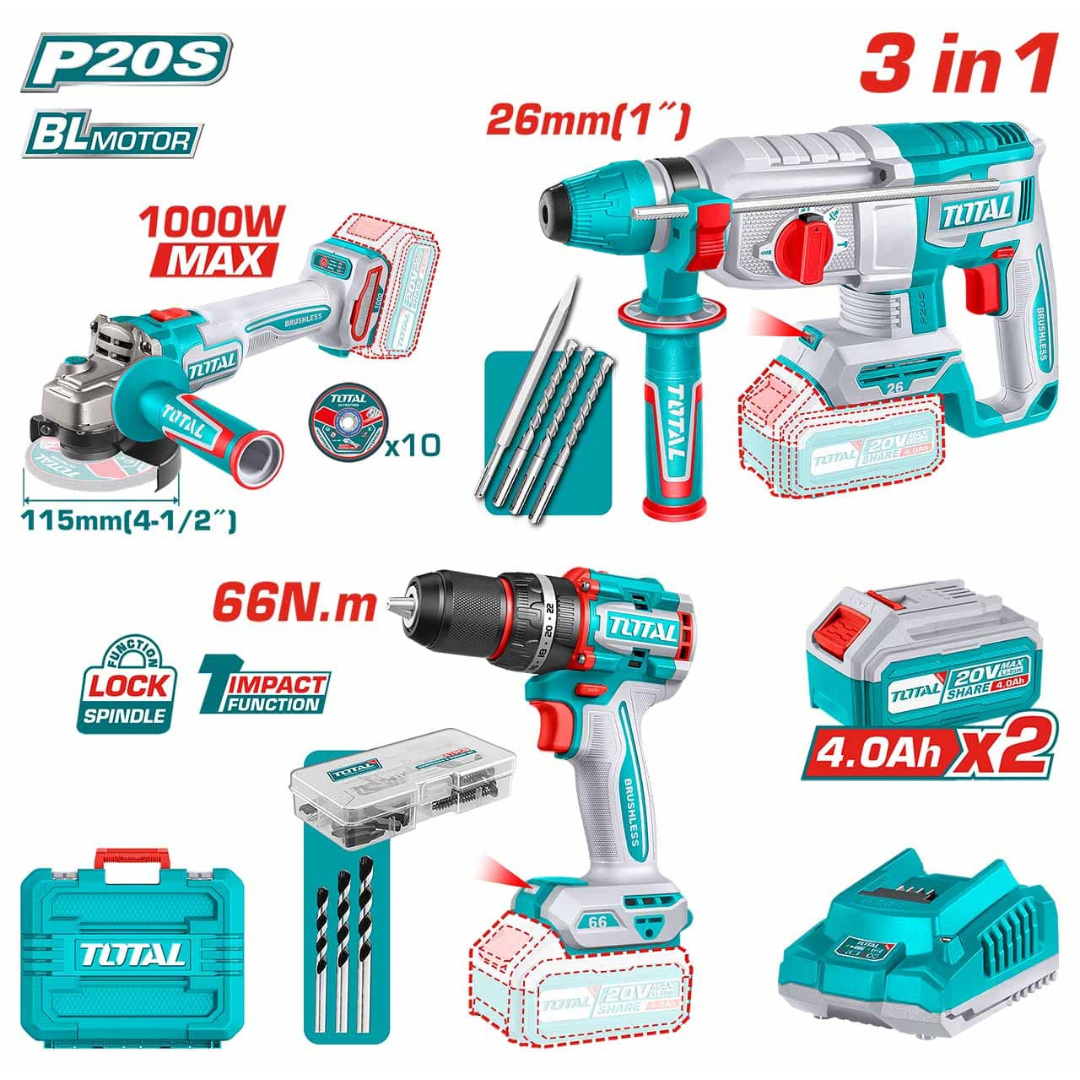 TOTAL 20V COMBO 3PC IMP DRILL, R/HAMMER, GRINDER TOSLI241198
