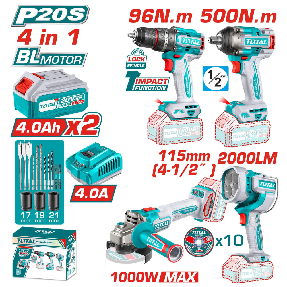 TOTAL 20V COMBO 4PC Drill 96Nm+I Wrench+115 Grder+Lamp-TOSLI241292