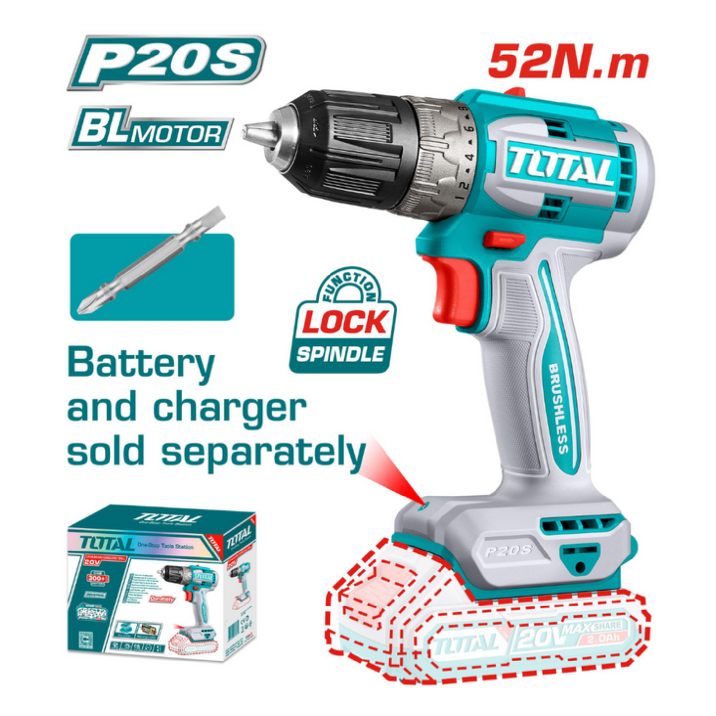 TOTAL 20V DRILL NON IMPACT 52NM 10MM SOLO