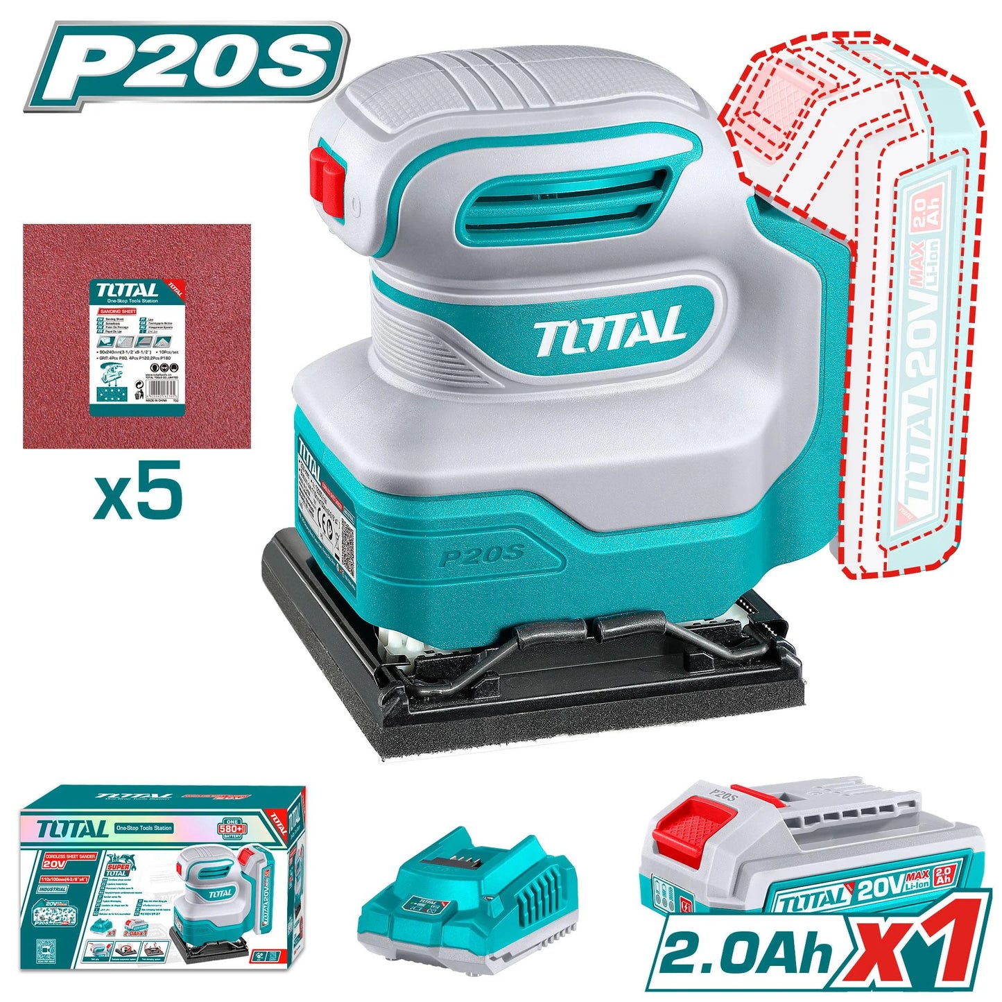 TOTAL 20V SANDER SHEET ORBITAL 110M + 1X2AH + CHARGER + ACC
