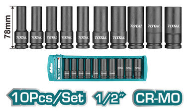 Total 10 Pcs 1/2" deep impact socket set total