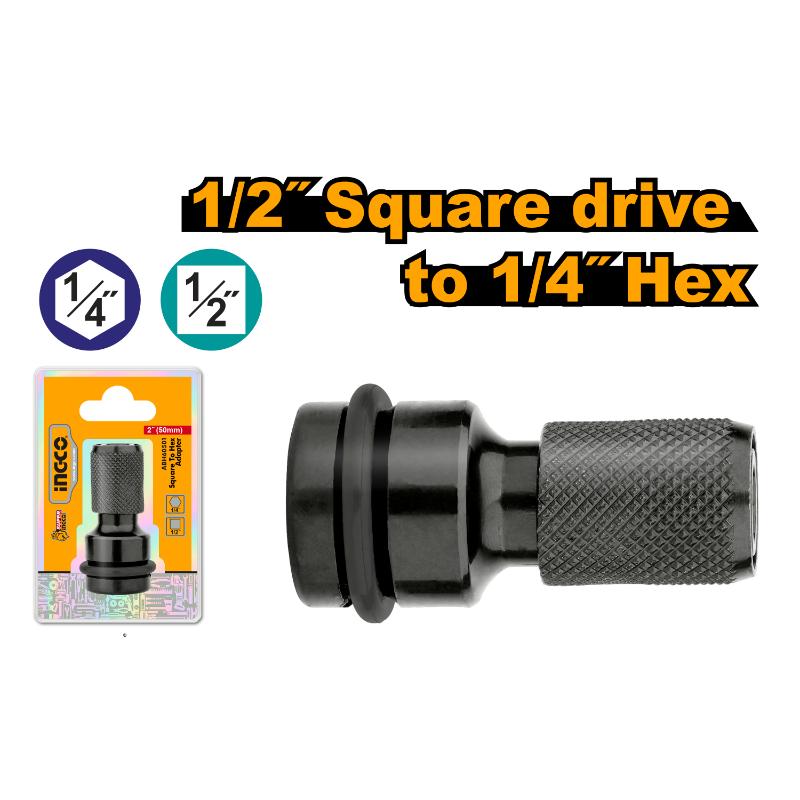 Ingco Square to Hex Adapter Shank size: 1/2" square Drive size: 1/4" Hex