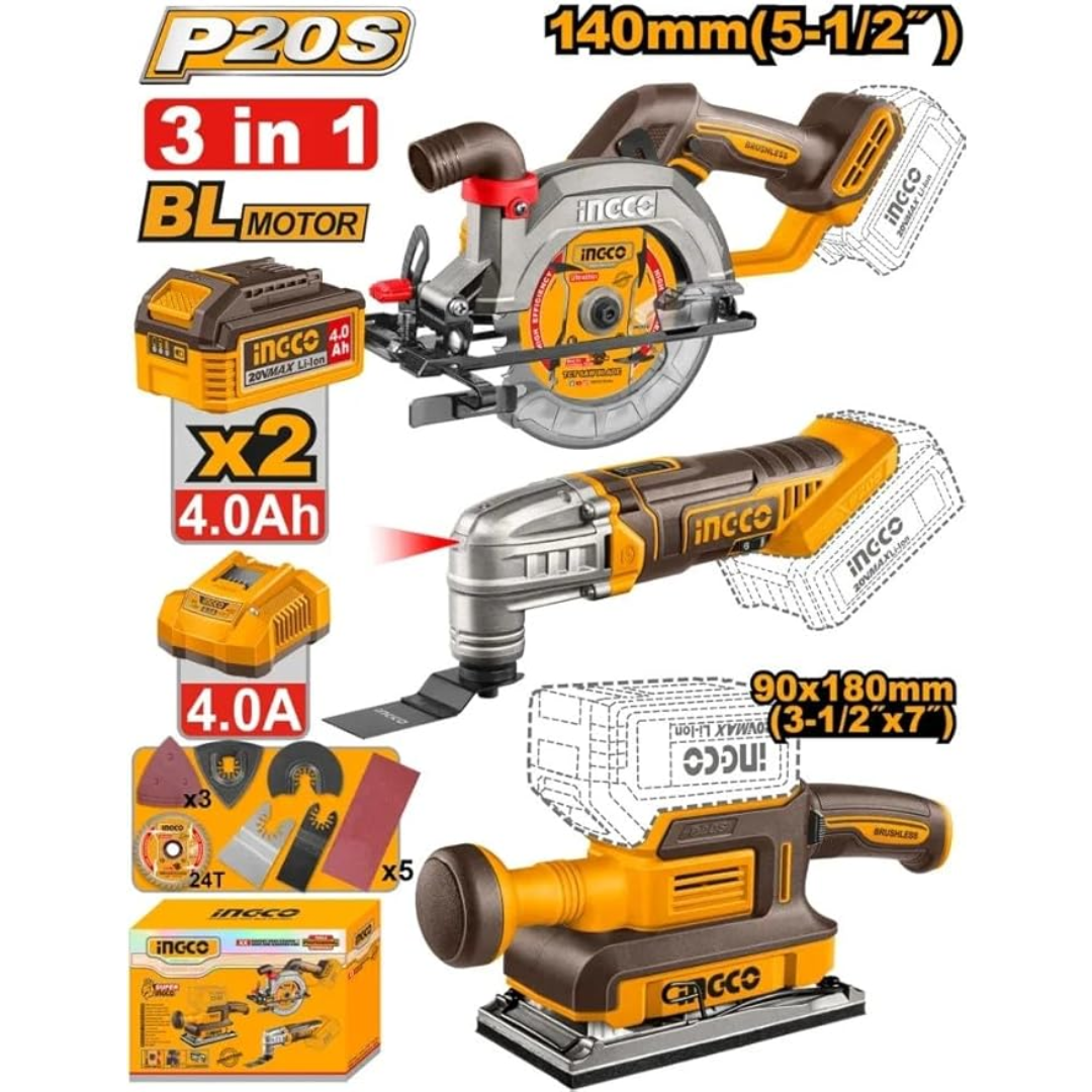 Ingco 3 Piece Kit (Multi-Tool, Circular Saw, Finishing Sander) 20V - COSLI250781