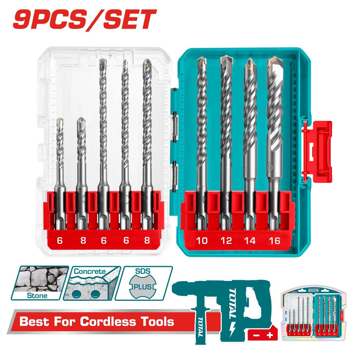 Total Drill Bit Set SDS Plus 6-16mm 9Pc - TACSDL30906