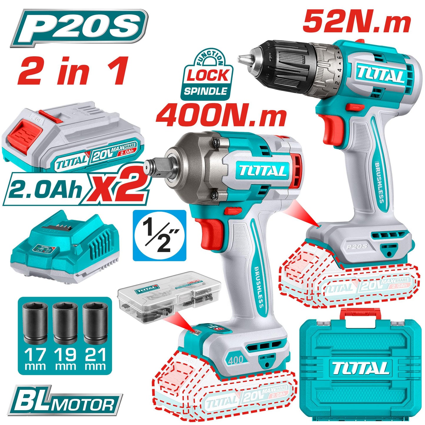 TOTAL 20V COMBO 2PC Drill 52nm 13mm+400NM Imp Wrench 2x2AH- TCKLI20271