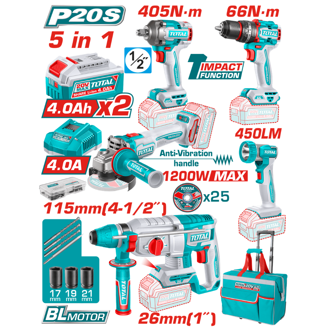 TOTAL 20V COMBO 5PC Drill 66nm+Imp 405nm+Grind+R/Ham+Lam