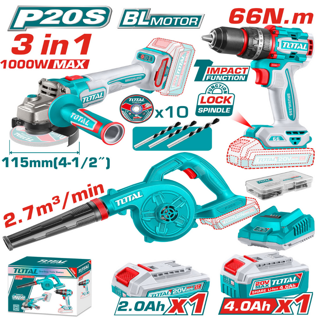 TOTAL 20V COMBO 3PC Drill 66nm+115mm Grinder+Blower – TCKLI25040101