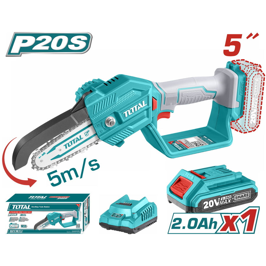 A TOTAL brand lithium-ion pruner saw with a 20V battery, in blue and gray color, with a 5-inch bar and chain, accompanied by a wrench, oil bottle, and packaging. chainsaw