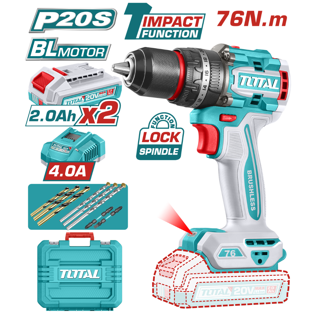 TOTAL 20V Drill Impact 76Nm BL 2X2AH+Charger+Acc (KIT) – TIDLI207686