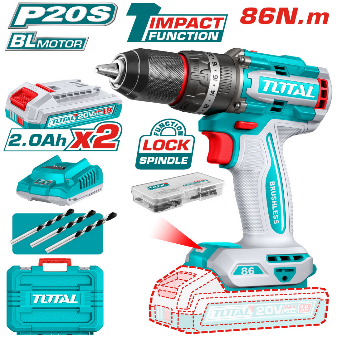 TOTAL 20V Drill Impact 13mm 86nm B/L 2X2AH+Charger (KIT) – TIDLI208687