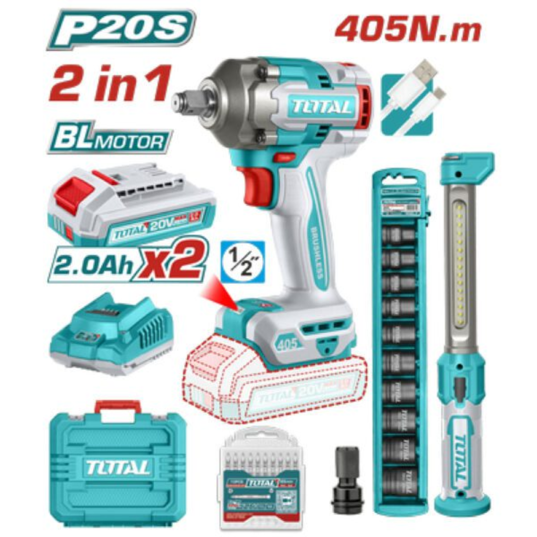 TOTAL 20V COMBO 2PC Impact Wrench 405Nm+Work Lamp – TOSLI23056