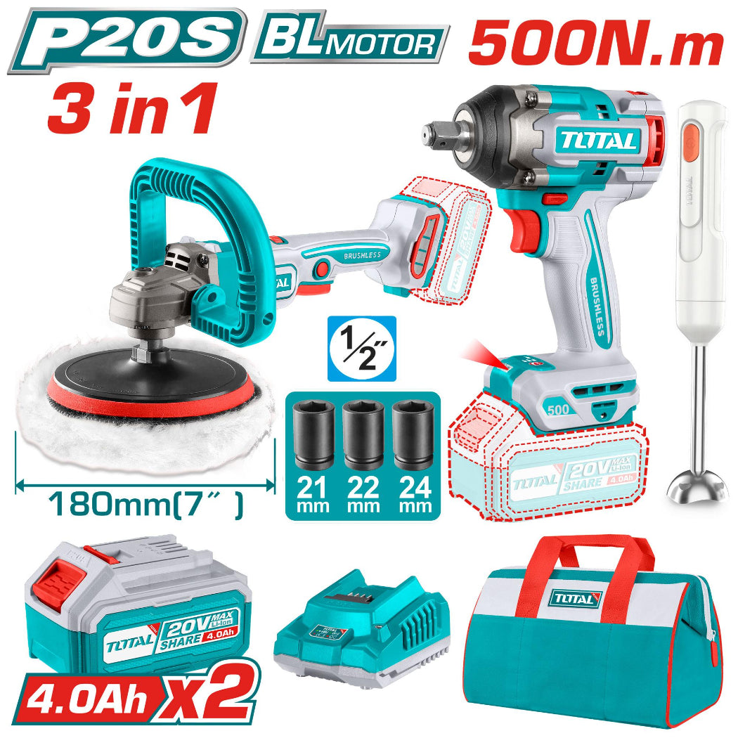 TOTAL 20V Combo 3Pc Imp Wrch 500nm-Polis+Blender 2x4Ah TOSLI240686 (SP)
