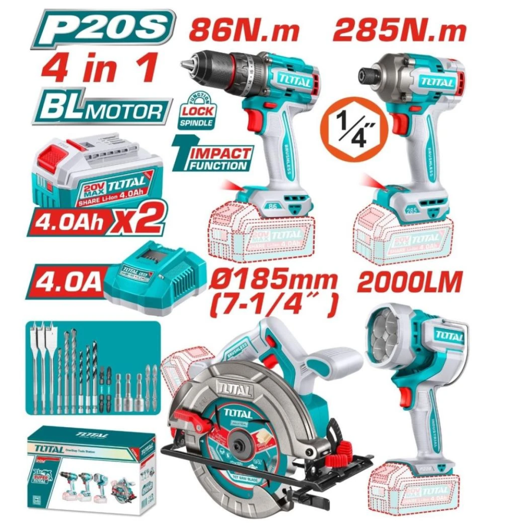 TOTAL 20V COMBO 4PC Drill 86nm+I/Driver+Circ Saw+Torch – TOSLI251082