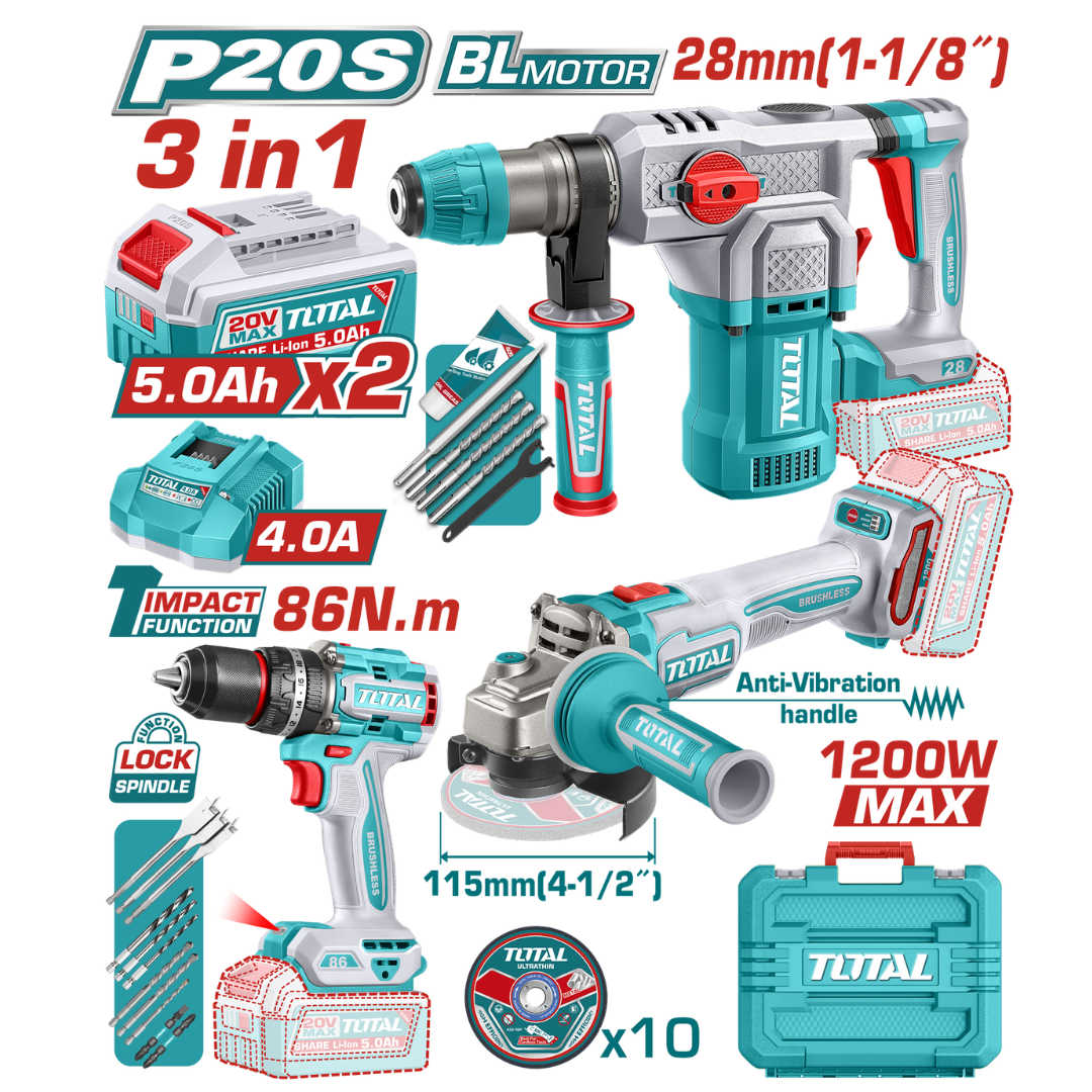 TOTAL 20V COMBO 3PC Drill 86nm+Grinder 115+R/Hammer 28mm – TOSLI251195