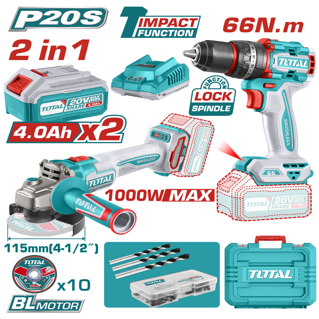 TOTAL 20V COMBO 2PC Drill 66nm+Grinder+1×2-4AH-TCKLI20273