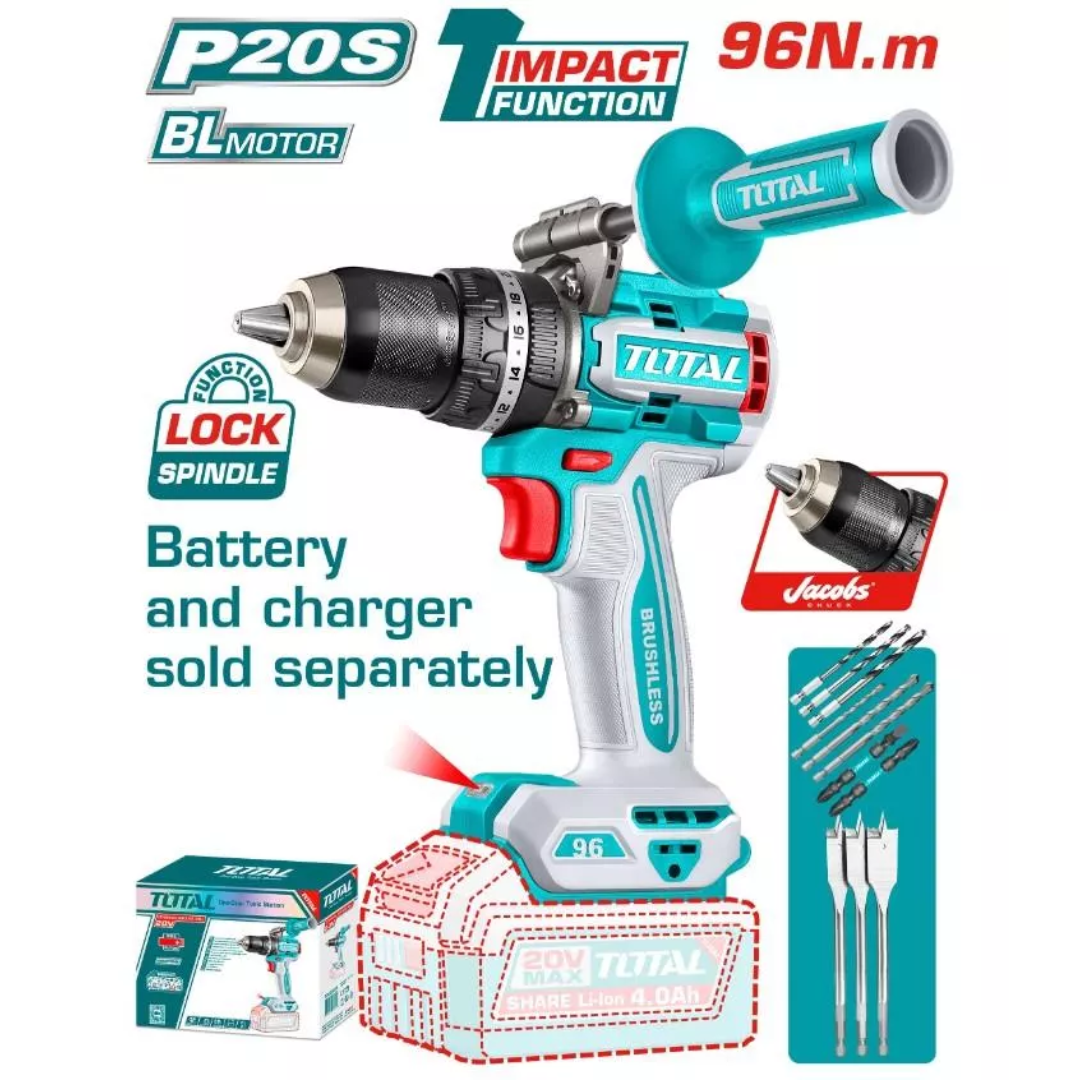 TOTAL 20V Drill Impact 13mm 96Nm B/L SOLO – TIDLI209685