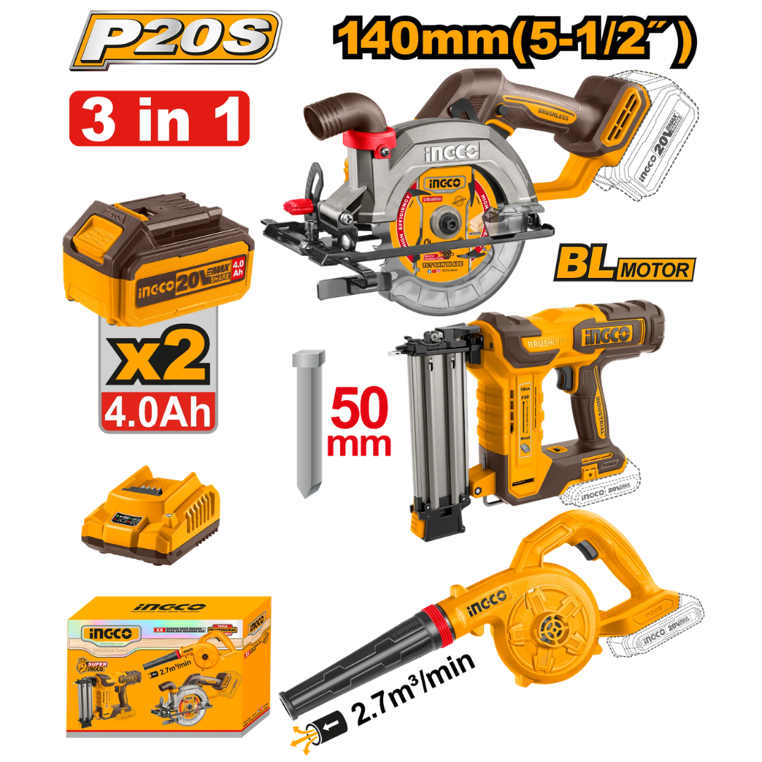 Ingco Cordless Blower, Brad Nailer & Circular Saw 3 Piece Combo Kit - CKLI25032802