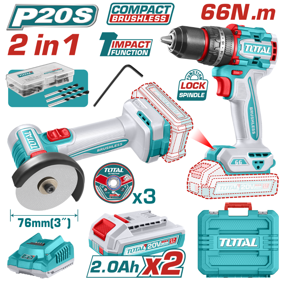 Total 20V COMBO 2PC Drill 66nm 13mm+76mm Grinder 2X2AH-TCKLI20255