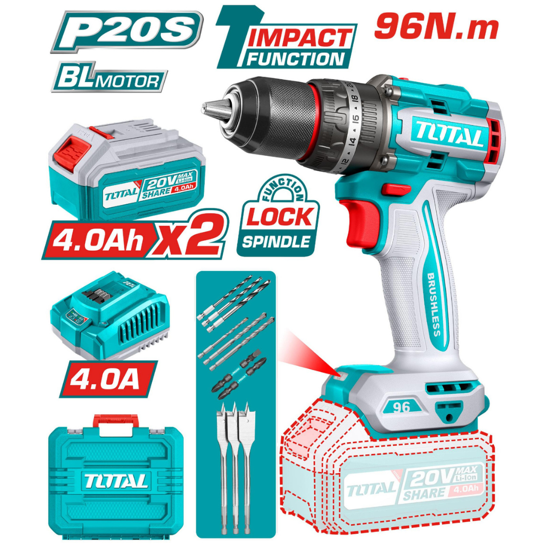 TOTAL 20V Drill 13mm 96Nm B/L 2X4AH+Chgr- TIDLI20968