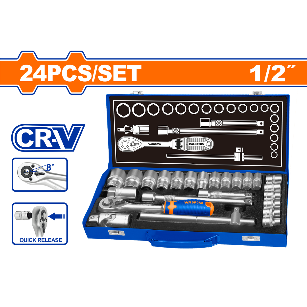 Wadfow 24 Piece 1/2" socket set Metal case