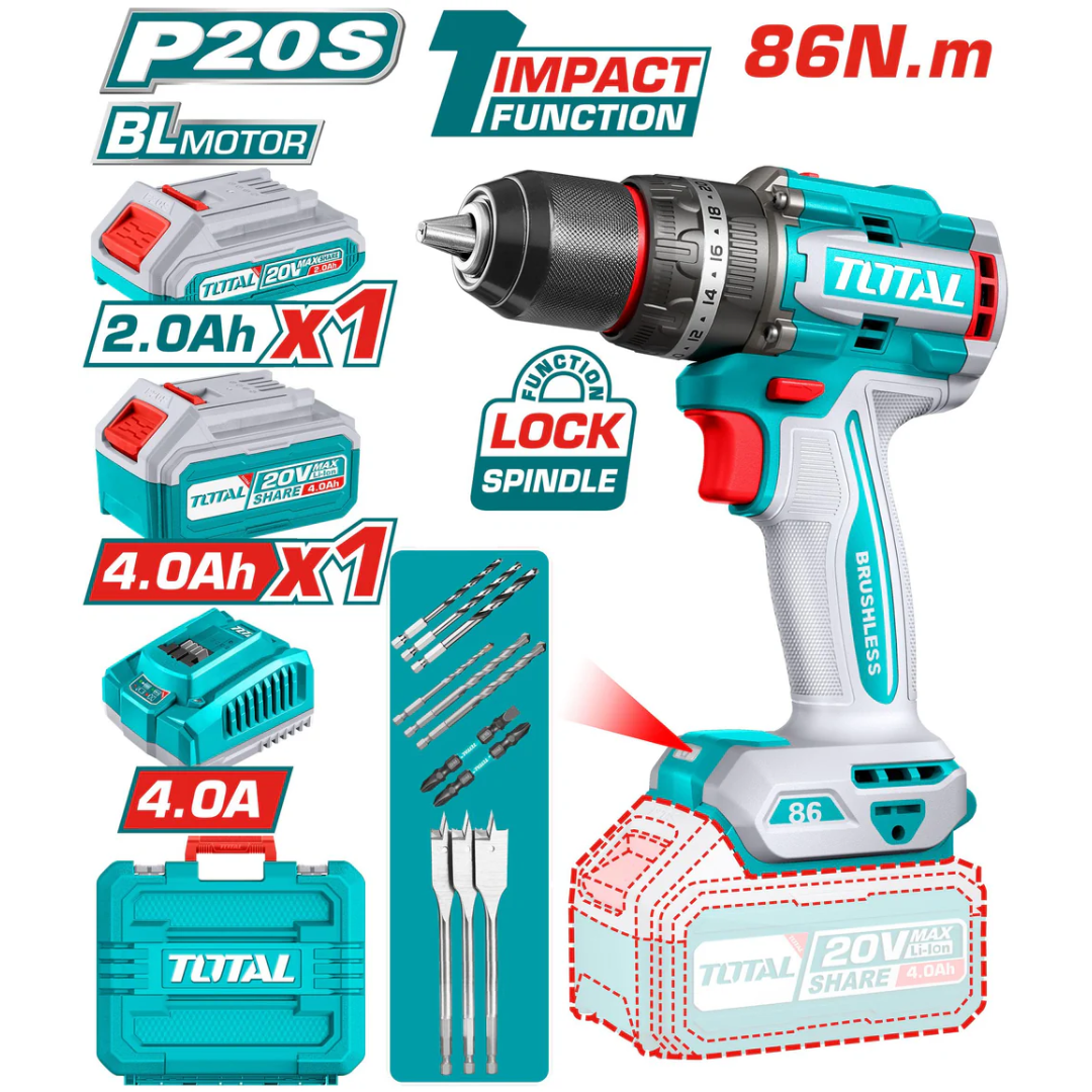 TOTAL 20V Drill Impact 13mm 86Nm B/L 2x2AH+Charger - TIDLI20868