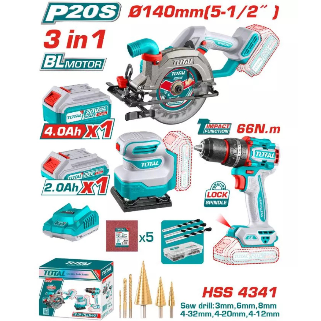 TOTAL 20V COMBO 3PC Drill 66nm 13mm+Circ Saw 140mm+Sander- TOSLI241193