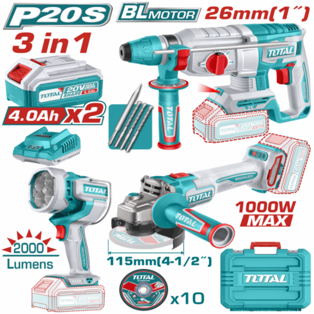 TOTAL 20V COMBO 3PC Rotary Hammer+Grinder+W/Lamp+Acc-TOSLI250183 (SP)