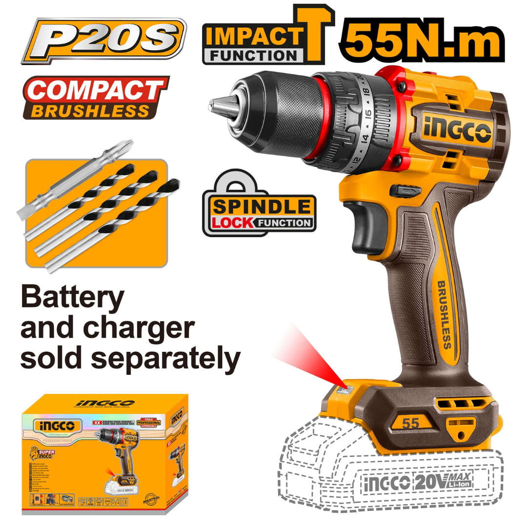 Ingco 20V Brushless Impact Drill 55nm (Bare) - CIDLI205581