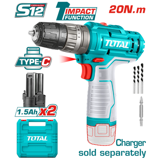 TOTAL 12V Impact Drill KIT+2 battery