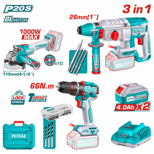 TOTAL 20V COMBO 3PC IMP DRILL, R/HAMMER, GRINDER TOSLI241198