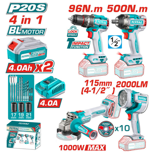TOTAL 20V COMBO 4PC Drill 96Nm+I Wrench+115 Grder+Lamp-TOSLI241292
