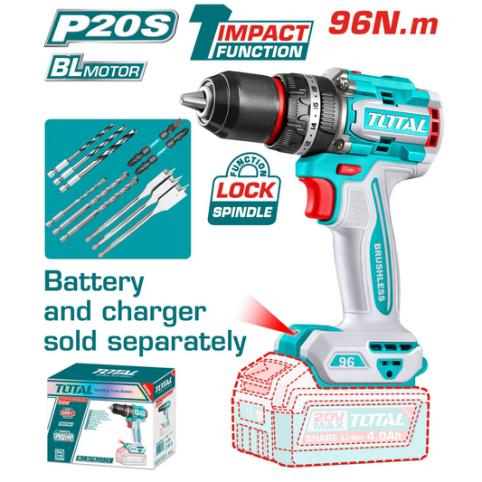 TOTAL 20V Drill Impact 13mm 96Nm B/L SOLO - TIDLI209681
