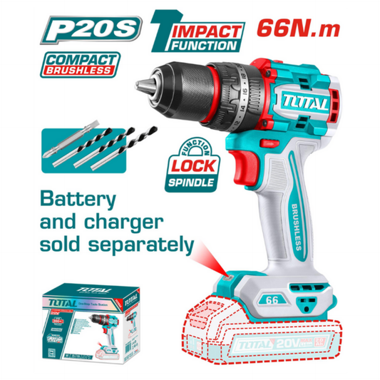 TOTAL 20V Drill Impact 66NM Compact Brushless SOLO