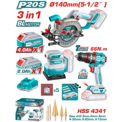TOTAL 20V COMBO 3PC Drill  66nm 13mm+Circ Saw  140mm+Sander- TOSLI241193