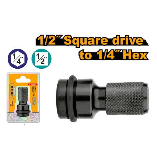 Ingco Square to Hex Adapter Shank size: 1/2" square Drive size: 1/4" Hex
