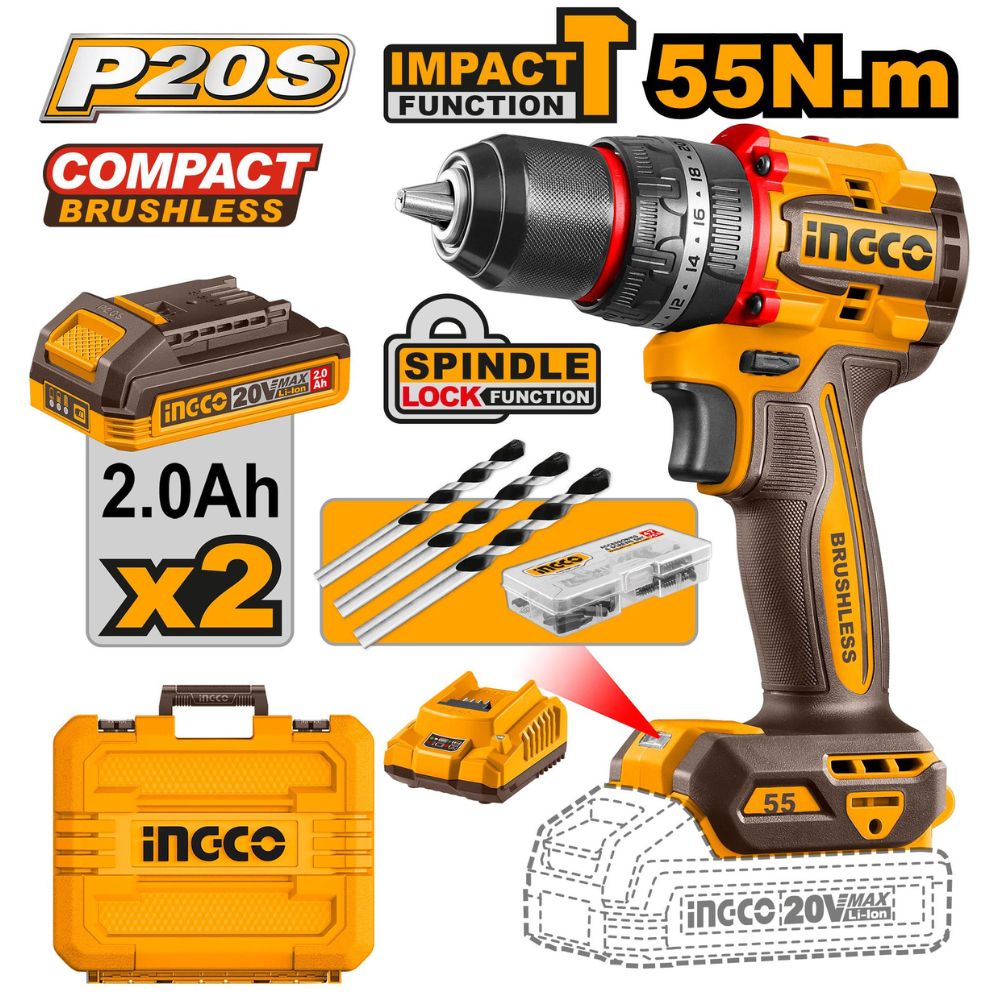 Ingco 20V Brushless IMPACT Drill 55NM Kit (2x2.0Ah + Charger) CIDLI20558