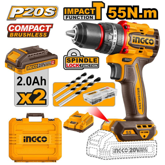 Ingco 20V Brushless IMPACT Drill 55NM Kit (2x2.0Ah + Charger)