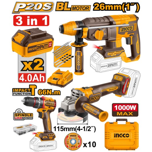 Ingco 20V Combo A/grind Drill R/Hammer 3PC Kit - COSLI241198