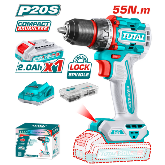 TOTAL 20V DRILL NON IMP 13MM 55NM B/L 1X2AH+CHRG+47PC ACC