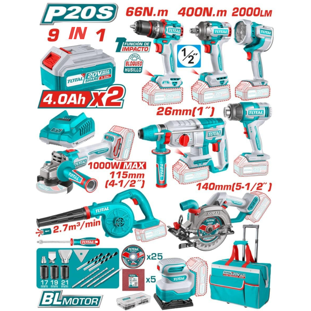 TOTAL ULTIMATE 20V COMBO 9PC+Drill+Gun+Impact+Grinder+R/Ham+Sander-TOSLI250381
