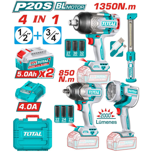 TOTAL 20V COMBO 4PC 2XI/Wrench 850-1350nm+2xWork Lamp-TOSLI250782