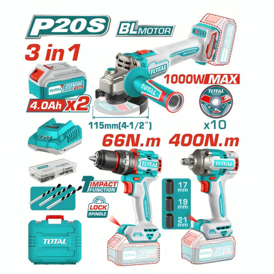 TOTAL 20V COMBO 3PC Drill 66nm+400nm Imp Wrench+ Grinder – TOSLI241291