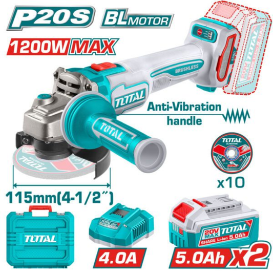 TOTAL 20V Angle Grinder 115mm (IND) 2X5AH+Charger (KIT)-TAGLI2120252