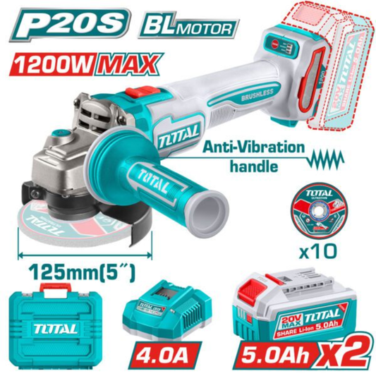 TOTAL 20V Angle Grinder 125mm (IND) 2x5AH+Charger (KIT)-TAGLI2120272