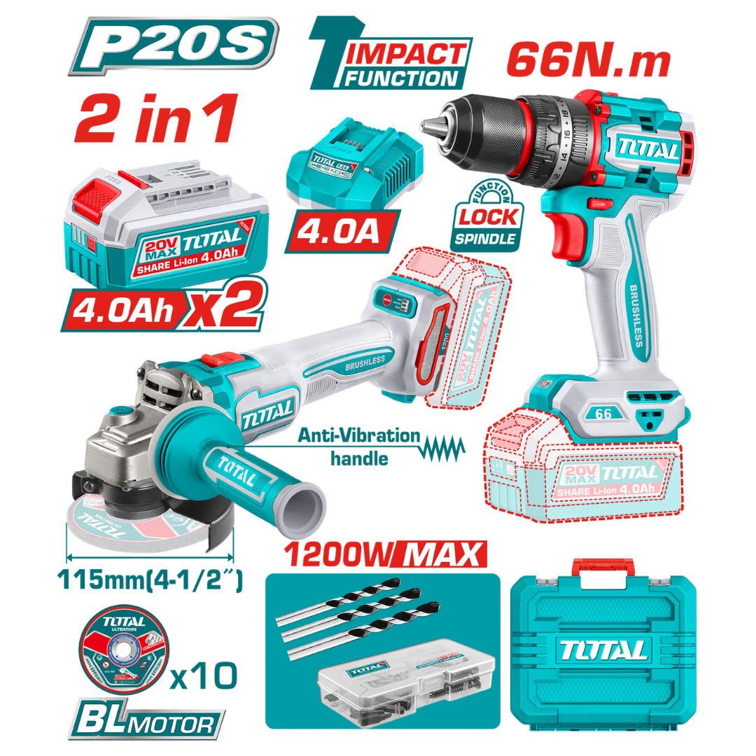 Total 20V COMBO 2PC Drill 66nm+115mm Grinder+Disc – TCKLI20256