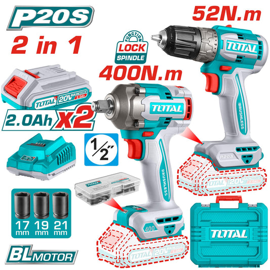 TOTAL 20V COMBO 2PC Drill 52nm 13mm+400NM Imp Wrench 2x2AH- TCKLI20271