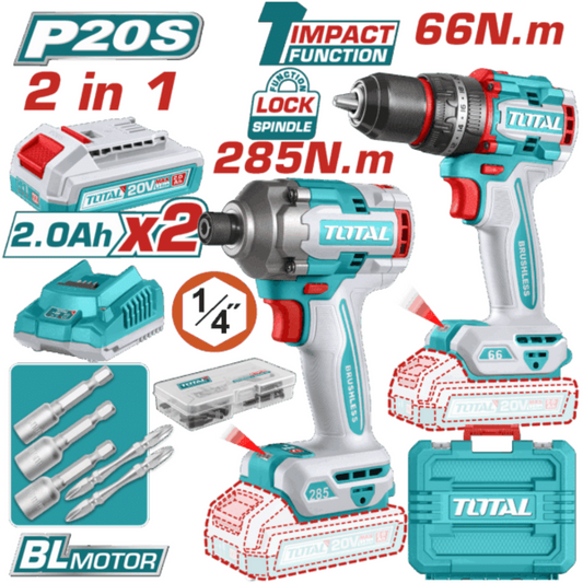 TOTAL 20V COMBO 2PC DRILL 66NM+I/  DRIVE 285NM 2X2AH- TCKLI20272 (SP)