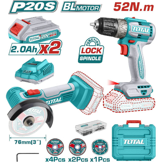 TOTAL 20V  MINI COMBO 2PC C/OFF 76MM+DRILL 52NM -  TCKLI20278