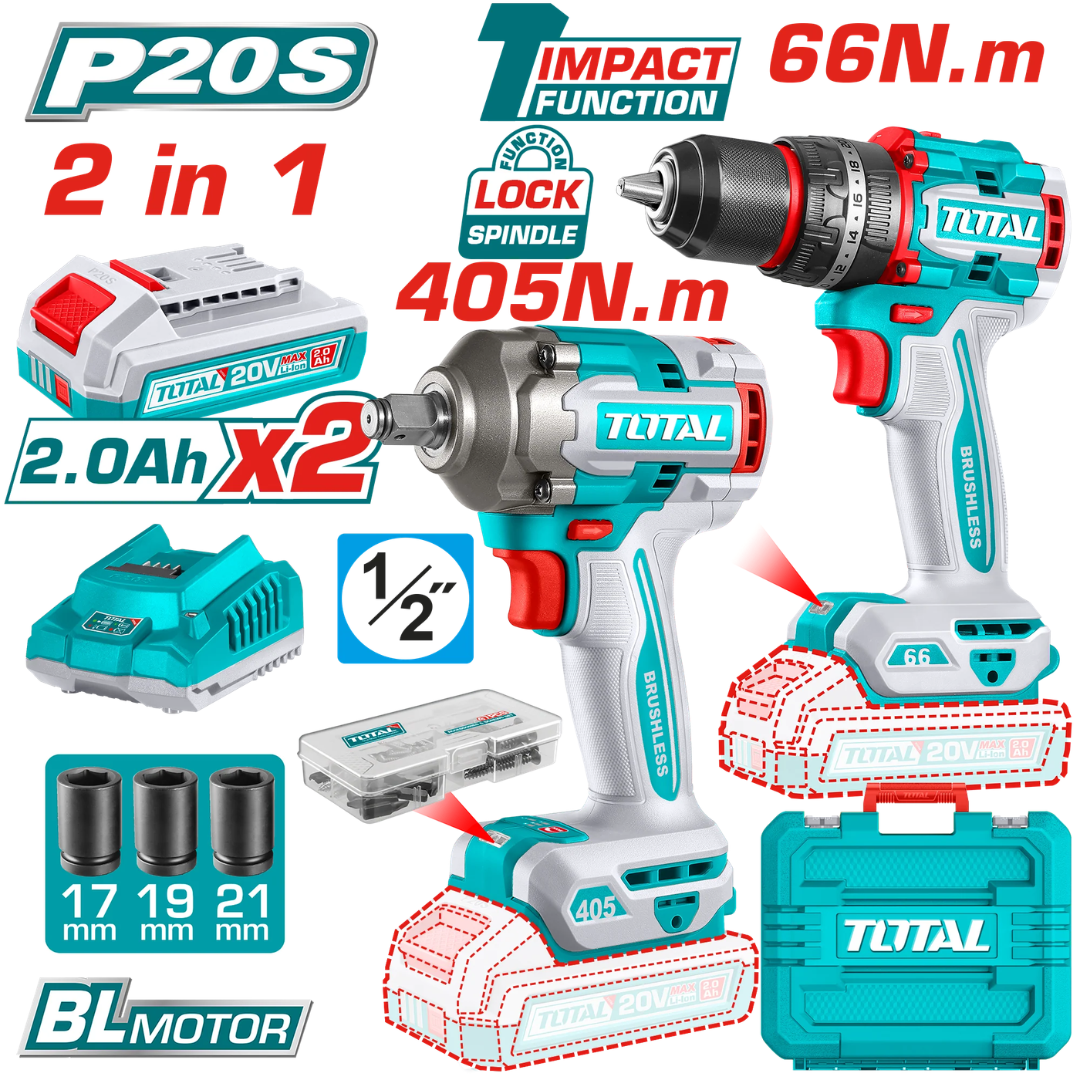 TOTAL 20V COMBO 2PC Drill 66nm+I/Wrench 405nm 2x2ah (KIT) – TCKLI20286