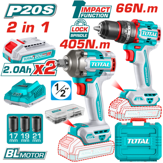 TOTAL 20V COMBO 2PC Drill 66nm+I/Wrench 405nm 2x2ah (KIT) – TCKLI20286